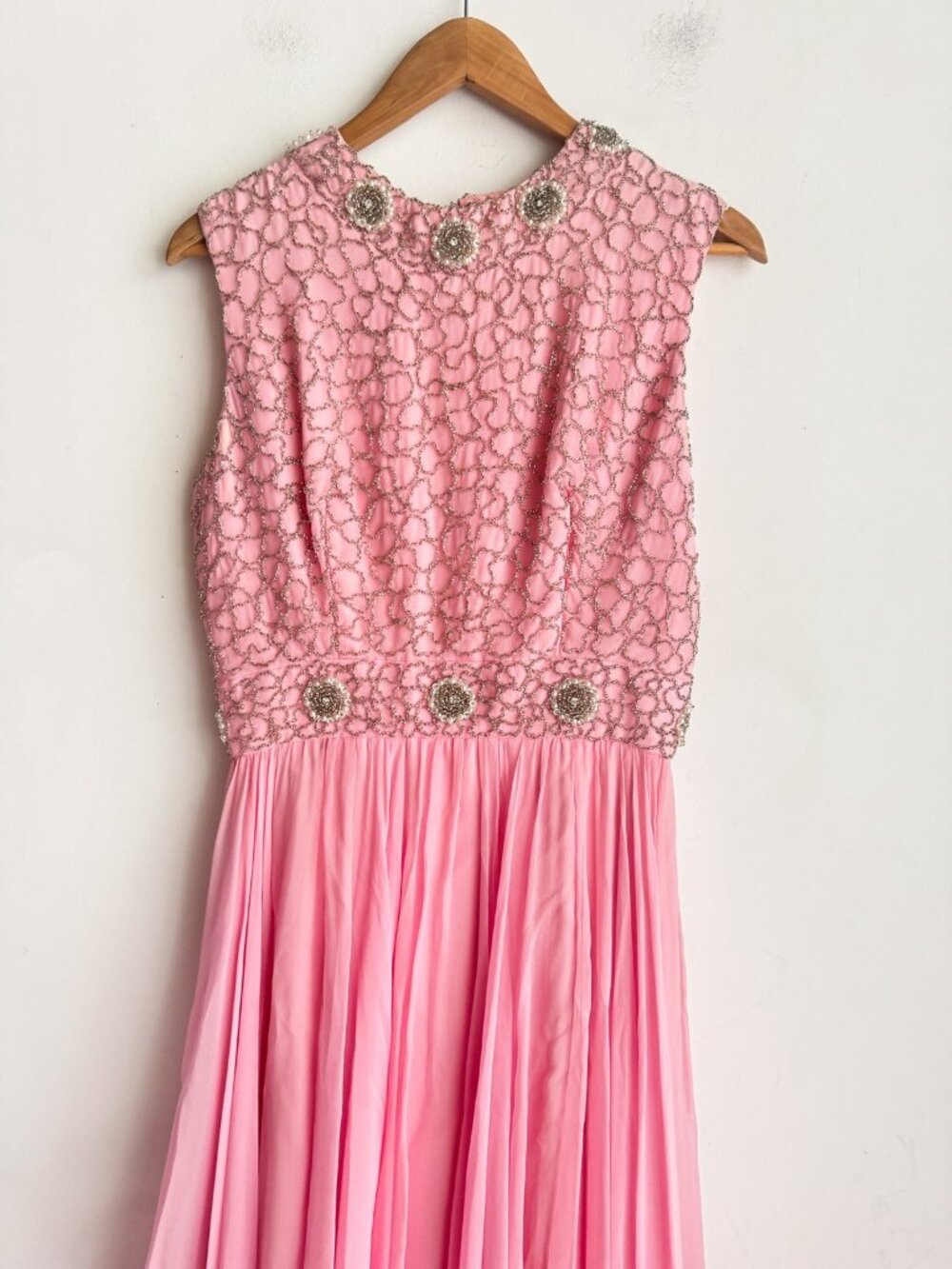 Vintage 60s Barbie Pink Beaded Fit and Flare Midi Cocktail Dress S - Picture 6 of 9